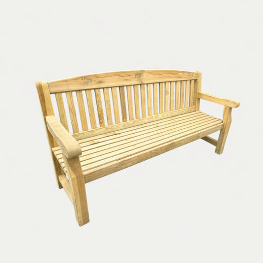 The KDM 6ft Long Wooden Garden Bench - B180 is made from tanalised softwood with a slatted backrest and seat, armrests on both sides, and a natural light wood finish—ideal for outdoor seating. Shown isolated on a plain white background.