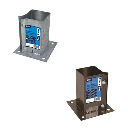 two metal fence post brackets one is galvanised finish one is painted brown