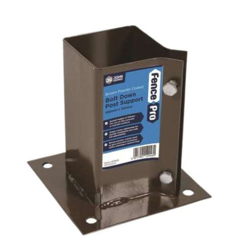 two metal fence support brackets. One is galvanised finish and one is painted brown