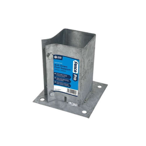 This Fence Post Support - Bolt Down, measuring 3.5 x 3.5 (90mm x 90mm), is crafted from galvanised metal and features a square base with four corner holes for screws. Sporting a blue label on the side that reads Henry Shaw, this product is ideal for securely stabilizing fence posts with dependable ground support fixings.