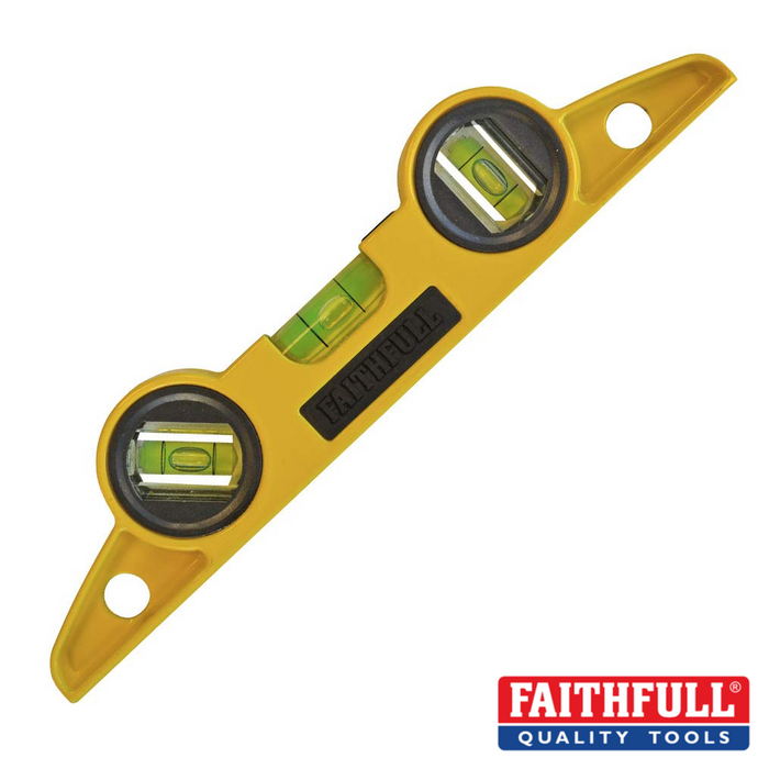 The Faithfull Magnetic Scaffold Level 24cm is equipped with three solid acrylic vials for accurate horizontal, vertical, and 45-degree measurements. It boasts a robust die-cast body with the FAITHFULL brand prominently embossed at its center. The level also features flush-mounted magnets along with the FAITHFULL QUALITY TOOLS logo in the corner.