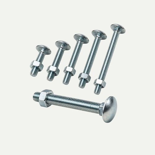 Six Forgefix Zinc Plated Coach Bolts & Nuts of varying lengths, each with a matching nut.