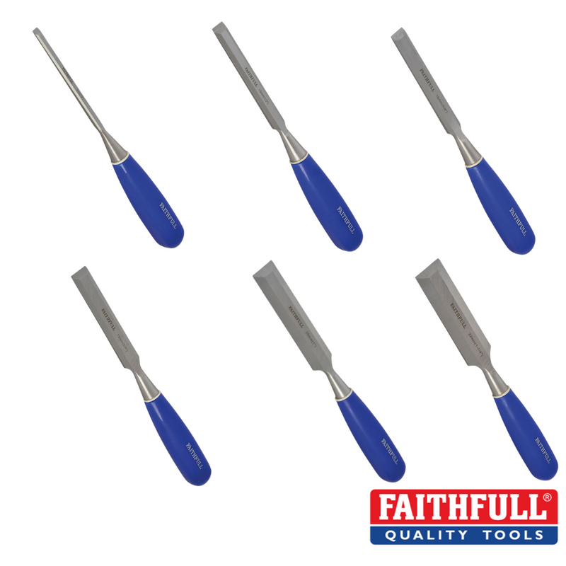 Load image into Gallery viewer, 6 different sized metal wood chisel with blue handle
