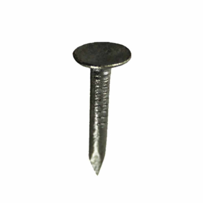 A close-up image shows a Clout Nail, 3mm thick and 13mm long, with a flat head and sharp point. It has a galvanized finish and is positioned upright against a plain white background. Brand: Bingley Fencing.