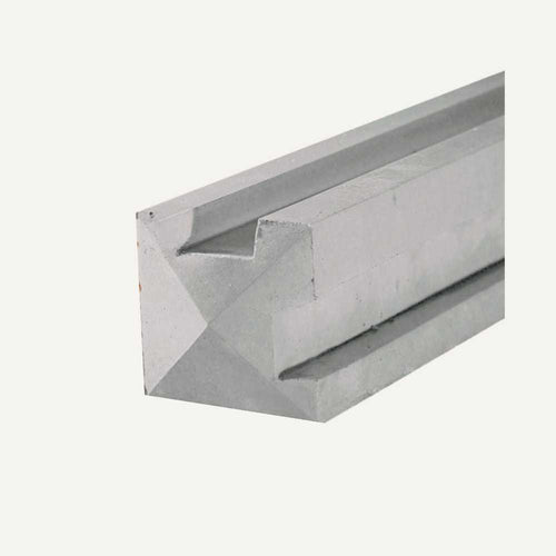 The Concrete Fence Posts - Corner Posts by Bingley Fencing showcase a gray, angular metal piece with a durability reminiscent of concrete. Featuring two grooves along its length and a sharp, triangular end, its smooth metallic surface is designed to withstand high wind areas thanks to its robust construction.