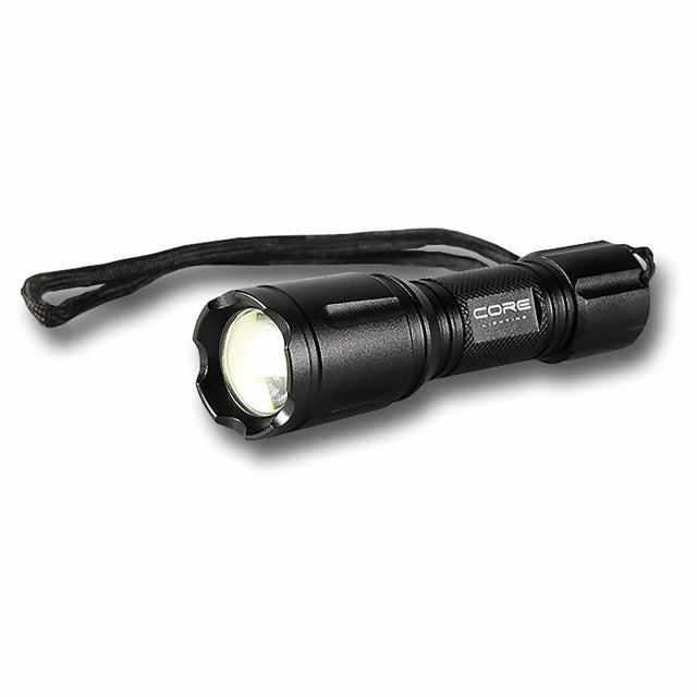 The Core Lighting Torch CL200, a handheld black flashlight by Core, features a textured grip and lanyard. This compact torch displays a cylindrical design with the CORE logo on the side and offers 200 lumens of brightness, enhanced by its slide focusing system for precise light control.