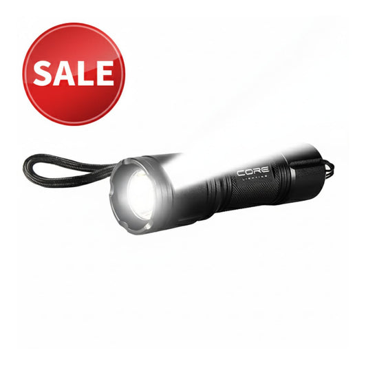 The Core Lighting Torch CL80 by Core is a black EDC LED torch featuring a textured grip and a wrist strap. It utilizes an efficient slide focusing system and emits 80 lumens, perfect for illuminating dark areas. The word “CORE” is prominently displayed in white letters on its side. The flashlight is shown at a slight angle to the left against a white background.