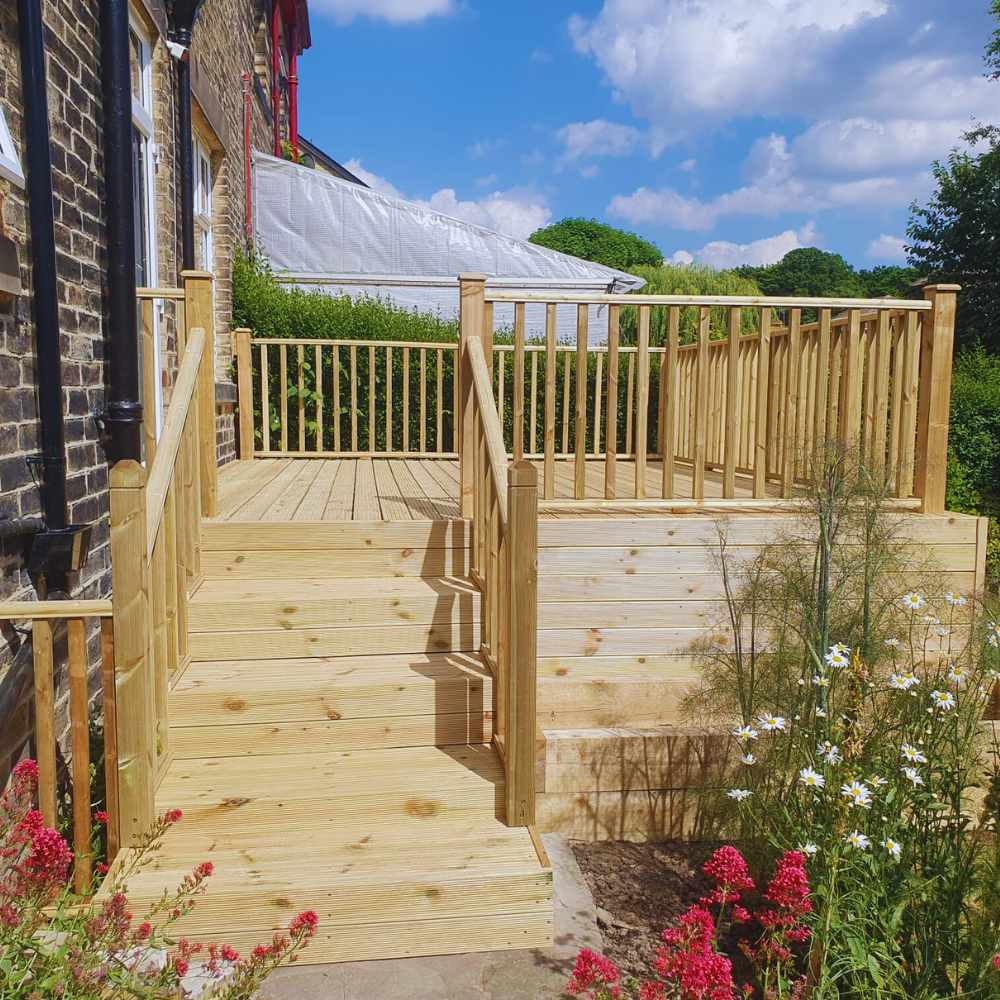 Garden decking areas with steps. handrail and balustrade.
