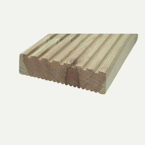 A Bingley Fencing Decking Board, Grooved Double Sided, with a light natural finish is showcased against a neutral background. The lengthwise grooves emphasize the board’s textured surface.