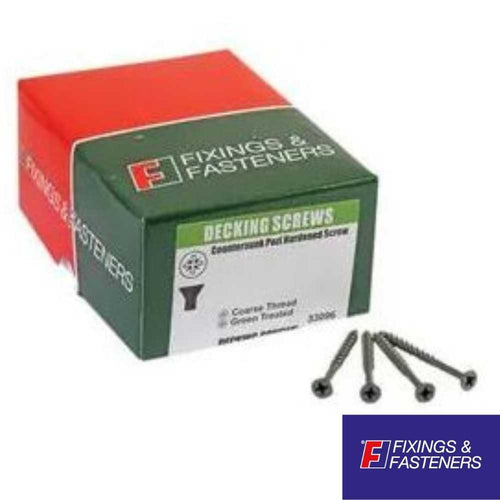 A green and red box of ForgeFix decking screws with three Pozidriv-headed screws placed in front. The box is labeled 