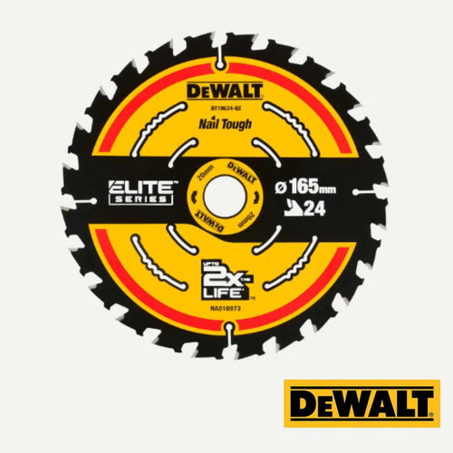 A 165mm DEWALT ELITE 24T circular saw blade labeled Nail Tough and Elite Series.