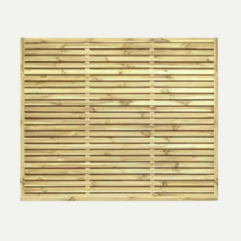 Load image into Gallery viewer, The KDM Double Sided Slatted Panels (SDS180) are rectangular European fence panels with a slatted top, featuring horizontal wooden planks, even gaps, and a natural light brown wood finish.
