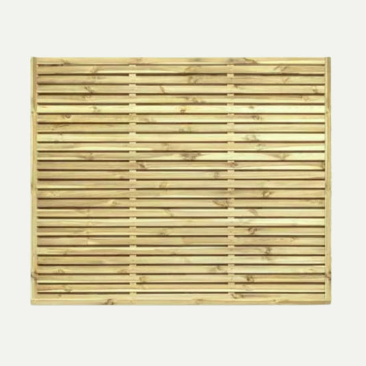 The KDM Double Sided Slatted Panels (SDS180) are rectangular European fence panels with a slatted top, featuring horizontal wooden planks, even gaps, and a natural light brown wood finish.