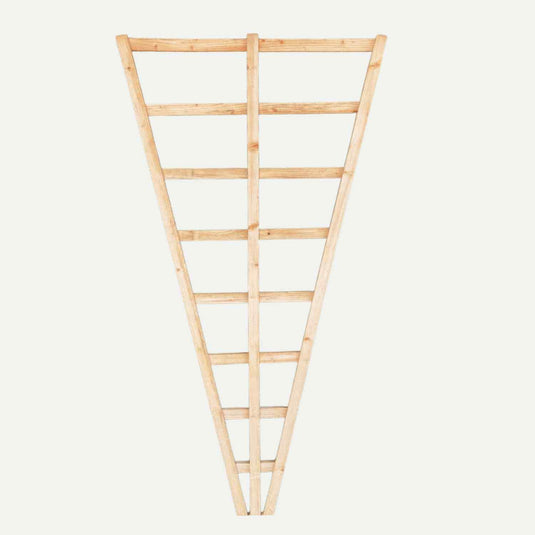 The Bingley Fencing Fan Trellis - 6ft Tall features outward-angled wooden sides, creating a fan shape that's ideal for supporting climbing plants, shown here against a plain white background.