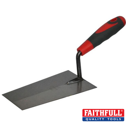 A 7-inch bucket trowel from Faithfull, featuring a rectangular flat blade with a slightly bent neck and a black and red soft-grip handle. The Faithfull Quality Tools logo is displayed in the bottom right corner, ensuring comfort even when removing mortar.