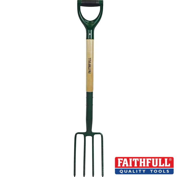 A Countryman Digging Fork from Faithfull, featuring a carbon steel green head and a wooden handle with an ergonomic D-shaped grip, is displayed vertically. The Faithfull Quality Tools logo appears in the bottom right corner.