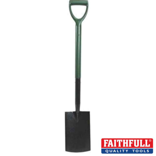 The Faithful Essentials Range - Digging Spade, crafted by Faithfull in black and green, includes a D-shaped handle and a flat carbon steel blade. Its cushioned green grip offers comfort, while the Faithfull Quality Tools logo is prominently displayed in the bottom right corner.