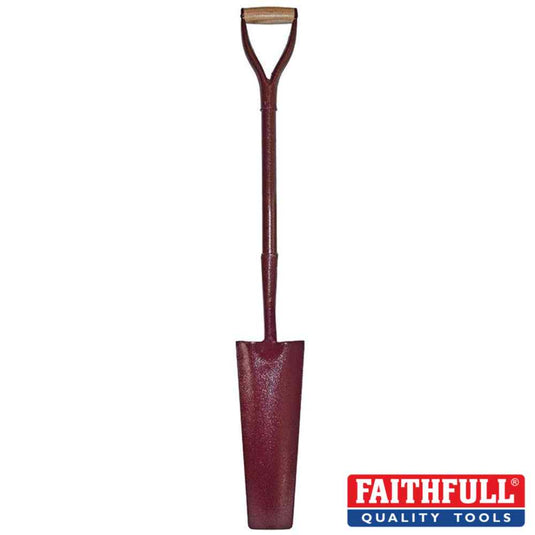 A long-handled Faithful - All-Steel Draining Shovel in red, featuring a pointed blade crafted from durable carbon manganese steel and a D-grip handle, stands upright. Ideal for digging drainage channels, the logo FAITHFULL QUALITY TOOLS is displayed in the bottom right corner.