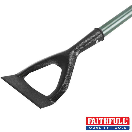 The Faithful Essentials Range - Dutch Hoe by Faithfull boasts a sturdy carbon steel head paired with a green handle, making it ideal for soil cultivation or weed cutting. The Faithfull logo is prominently displayed in the bottom right corner.