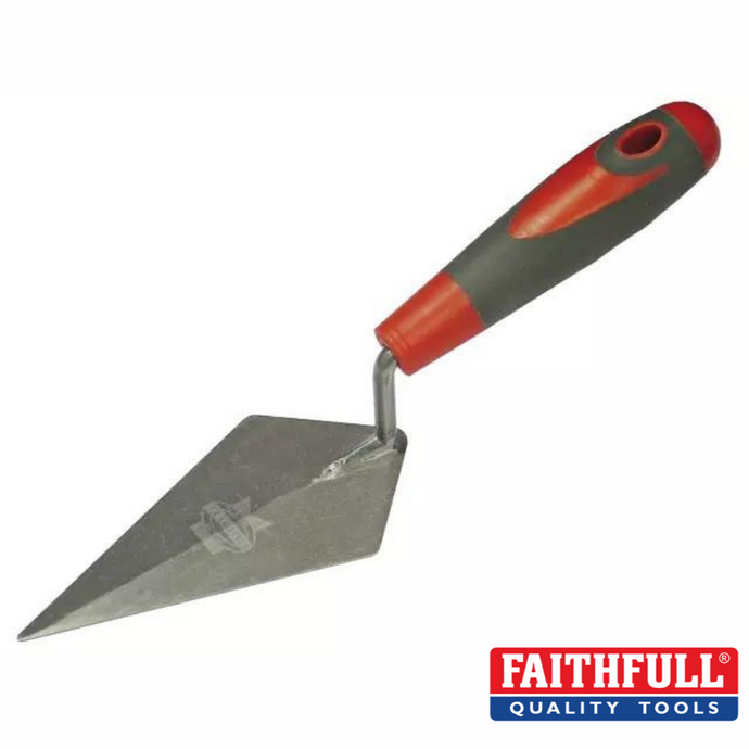 The Faithfull- Pointing Trowel 6” features a pointed, flat metal blade ideal for smoothing mortar in brick joints and comes with a red and gray ergonomic soft grip handle, prominently displaying the Faithfull Quality Tools logo in the bottom right corner.