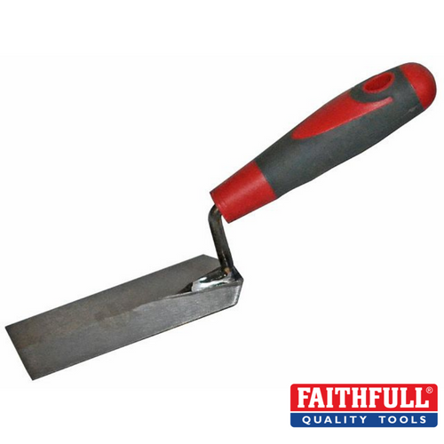The Faithfull Soft-Grip Margin Trowel - 5″ features a red and black soft-grip handle, providing comfort and control. The Faithfull logo is prominently displayed in the bottom right corner.