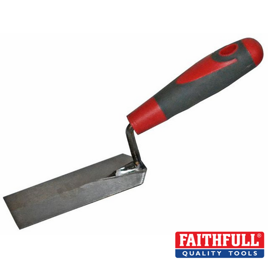 The Faithfull Soft-Grip Margin Trowel - 5" features a red and black soft-grip handle, providing comfort and control. The Faithfull logo is prominently displayed in the bottom right corner.