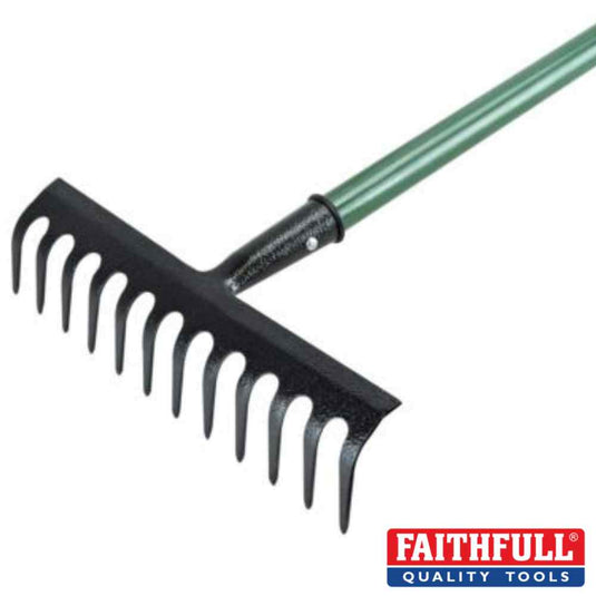 The Faithful Essentials Range - Garden Rake, featuring a green handle and black carbon steel tines, is displayed with the Faithfull logo in the bottom right corner.