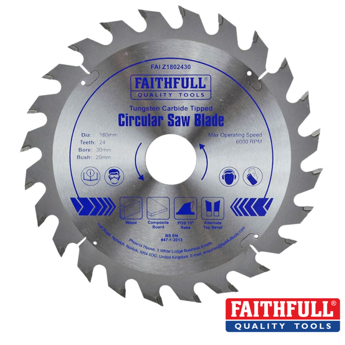 Introducing the Faithfull TCT Circular Saw Blade, a professional-grade tool with tungsten carbide tips. This circular saw blade features 24 teeth, a diameter of 180mm, and a bore size of 30mm. Designed for use with power machines, it includes symbols for usage instructions and supports a maximum operating speed of 6000 RPM.