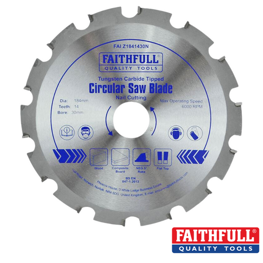 The Faithfull - TCT Circular Saw Blade, measuring 184mm in diameter, is expertly designed for nail cutting with 14 robust teeth. It features tungsten carbide tips and laser-cut expansion slots to ensure optimal performance at speeds up to 6000 RPM.