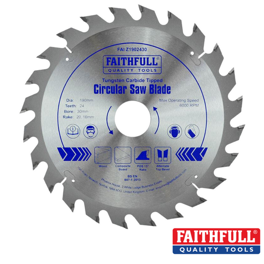 This image features a Faithfull TCT Circular Saw Blade, measuring 190mm in diameter and equipped with 24 tungsten carbide-tipped teeth. It includes a 30mm bore and can operate at speeds up to 6000 RPM. The blade's precision is enhanced with laser cut expansion slots, while the accompanying text and icons provide detailed specifications and safety information for this high-quality tool from Faithfull.