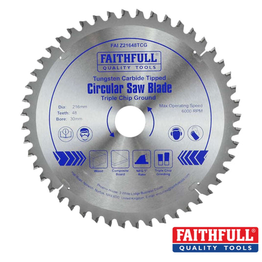 The Faithfull TCT Circular Saw Blade is ideal for radial arm and mitre saws, featuring tungsten carbide tips and a triple chip ground. With a 216mm diameter, 48 teeth, and a 30mm bore, it handles wood, composite board, and hard plastics at up to 6000 RPM.