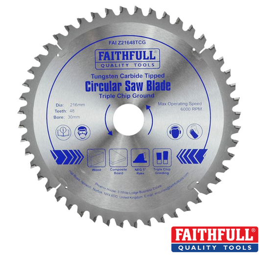 The Faithfull TCT Circular Saw Blade is ideal for radial arm and mitre saws, featuring tungsten carbide tips and a triple chip ground. With a 216mm diameter, 48 teeth, and a 30mm bore, it handles wood, composite board, and hard plastics at up to 6000 RPM.