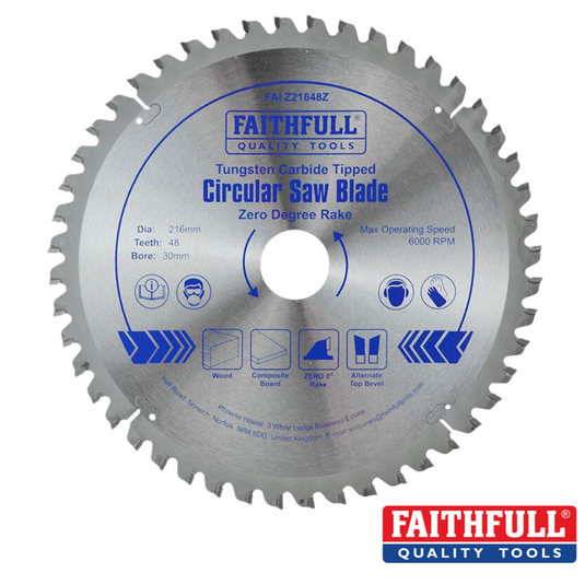 This Faithfull TCT Circular Saw Blade, designed for miter saws, features professional quality with Tungsten Carbide Tipped teeth. It has a 216mm diameter, 48 teeth, a 30mm bore, and supports a maximum speed of 6000 RPM. Suitable for cutting wood and composite board materials.