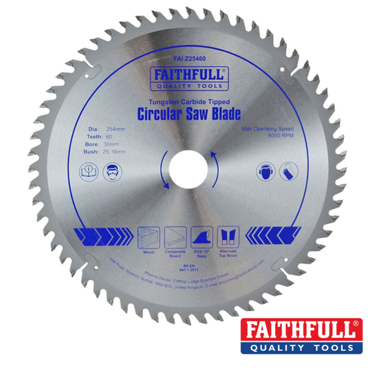 Discover professional precision with the Faithfull - TCT Circular Saw Blade. This circular saw blade boasts 60 tungsten carbide-tipped teeth, designed specifically for power machines. With a 254mm diameter and a 30mm bore, it excels at cutting wood, plastic, and non-ferrous metals efficiently at speeds of up to 6000 RPM.