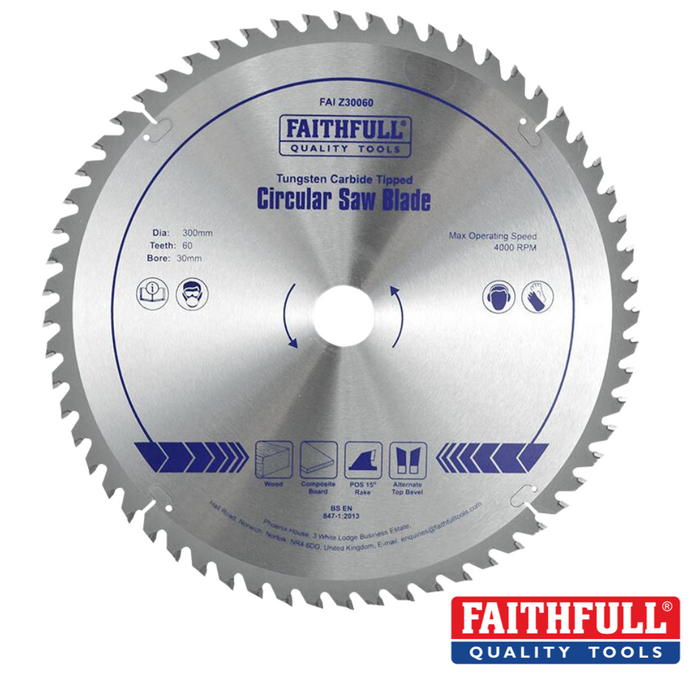 The Faithfull TCT Circular Saw Blade, a professional quality tool, comes with tungsten carbide tips and is recognized as part of the esteemed Faithfull Quality Tools line. It has a 300mm diameter, 30mm bore, and 60 teeth, capable of operating at a maximum speed of 4000 RPM. The Faithfull logo can be found prominently in the bottom right corner.