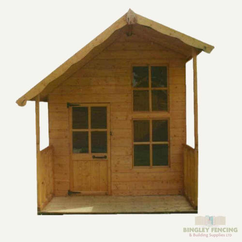 The Fantasia Kids Playhouse by Bingley Fencing resembles charming sheds and playhouses, featuring a pitched roof and a front porch. It includes a single door with a window and two vertical windows beside it, all crafted using child-friendly preservatives. Set against a plain background, this small wooden shed is both functional and delightful.