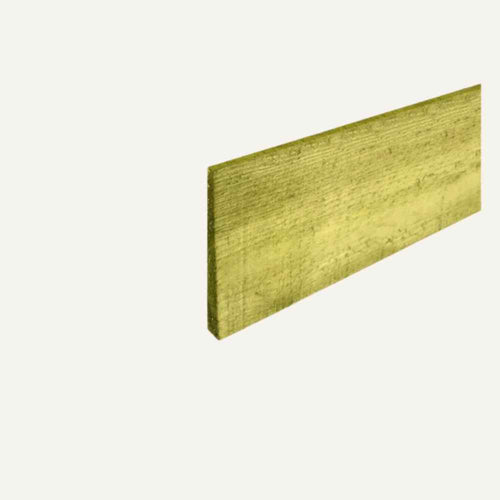 A single featheredge board from Bingley Fencing's "Featheredge Boards - Various Lengths" collection, featuring a light green hue, is positioned diagonally against a plain off-white background. The wood grain is visible, providing a textured appearance. This plank is pressure treated for enhanced durability, making it ideal for fence construction.