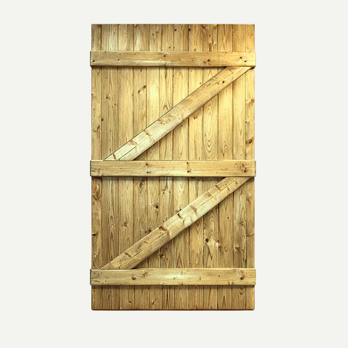 The KDM Tongue & Groove (Flat) Euro-Gate - FTG180 features vertical planks, Z-shaped reinforcement with two horizontal beams and two diagonal braces, and light brown wood with visible grain and knots.