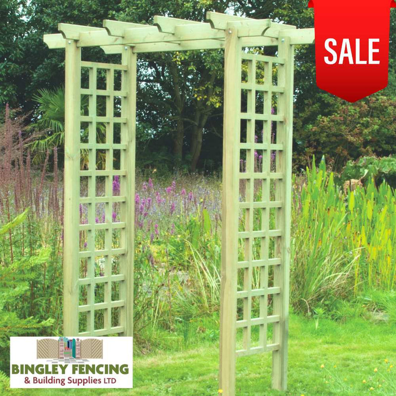 Load image into Gallery viewer, wooden garden arch with flat top and trellis sides
