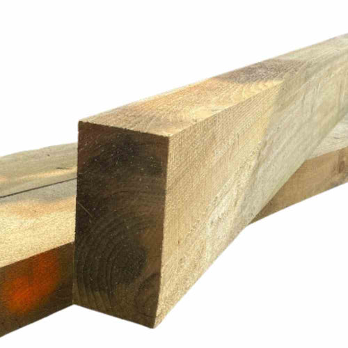 Two Bingley Fencing Railway Sleepers, evocative of garden sleepers, are placed diagonally against a white backdrop. With their rough texture and light brown hue, they contribute a rustic charm ideal for any landscaping endeavor.