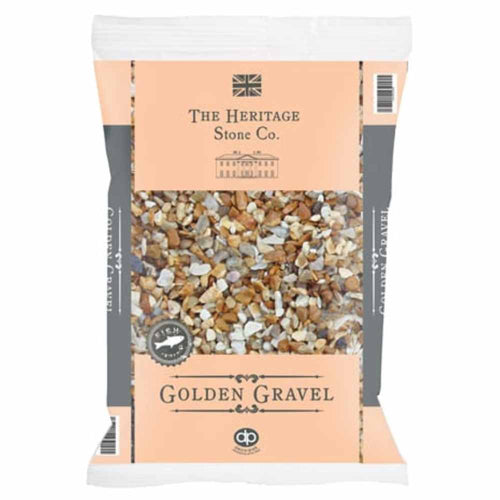 The Heritage Stone Company's Golden Gravel - 20mm Pieces - 20kg is perfect for elevating garden paths with its blend of brown, tan, and white stones. The packaging showcases a decorative label adorned with a small British flag and a vintage-style logo, making it an excellent choice for those who value classic charm in their garden gravel.