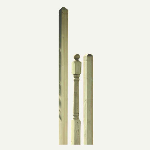 Three KDM Newel Posts - Square & Turned, crafted from wood, are showcased against a plain, light background. The collection includes a tall square post with a flat top, a shorter rounded post with a decorative ball finial, and a medium-sized post featuring an angled top. These posts are pressure-treated for durability.