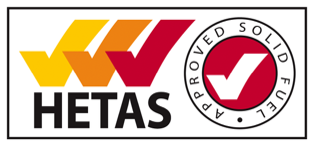 Logo featuring the text HETAS with a row of three check marks in shades of yellow to red. To the right, a circular emblem reads “Approved Solid Fuel” surrounding a red check mark, representing the Clean Burning and Low Emission capabilities of Bingley Fencing’s Newburn 25KG Smokeless Coal - Premium.