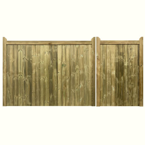 Two vertical Highampton Mortise and Tenon T&G Entrance Gates (by Charlton) side by side, the right one slightly shorter than the left, both made from pressure treated Scandinavian redwood.