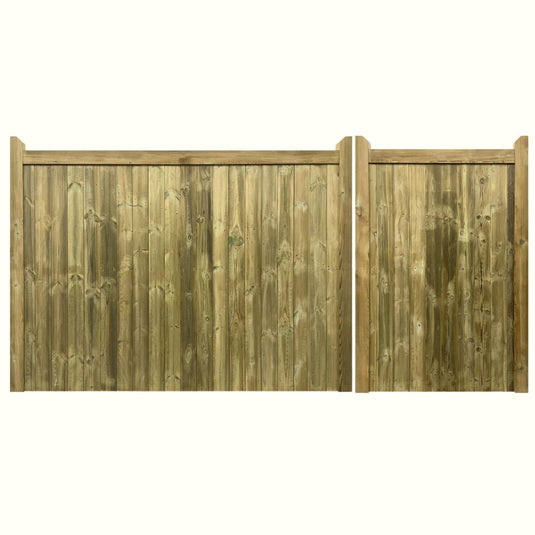 Two vertical Highampton Mortise and Tenon T&G Entrance Gates (by Charlton) side by side, the right one slightly shorter than the left, both made from pressure treated Scandinavian redwood.