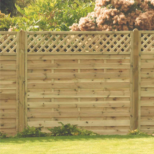 The KDM Horizontal Lattice Top Fence Panel (HLT) is crafted from pressure treated timber with a decorative lattice top, set before lush green plants and a trimmed lawn.