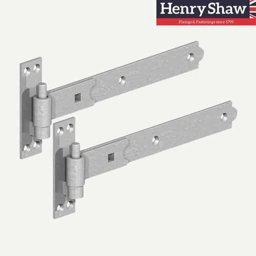 The image features two straight heavy-duty hook and band hinges with square plates, each having three mounting holes. In the top right corner is the Henry Shaw logo with the tagline Fixings & Fastenings since 1799. Perfect for driveway gates, it stands out on a plain white background.