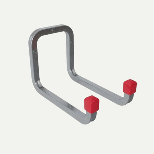 The KDM Steel Storage Hooks feature two parallel metal arms with red rubber tips. Ideal for mounting on decking or in sheds, they're perfect for organizing bikes, tools, or garden timbers and keeping your space tidy.