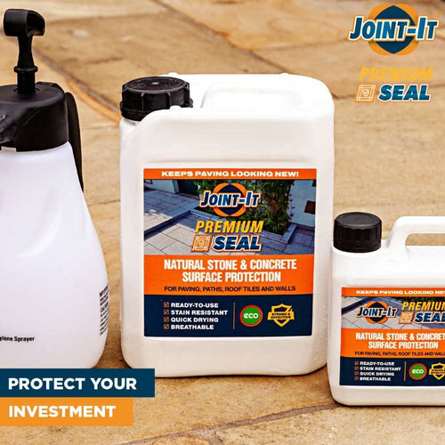 Containers of Joint It Pro Seal - 5L, a versatile natural stone sealer and concrete surface protector from Joint IT, are displayed on a paved surface. A spray bottle is included, and the text on the containers highlights features such as stain resistance and breathability.