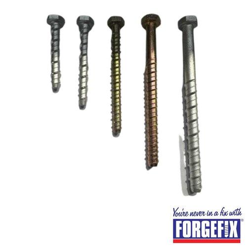 Five lightning bolts in various sizes are aligned from shortest to longest, showcasing a unique threading pattern and hex head design. Perfect for timber fixings, the Forgefix brand logo is prominently displayed in the bottom right corner.